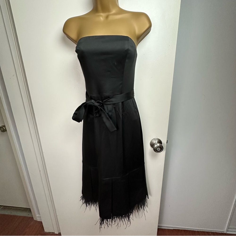 BCBGMaxAria Black Satin Strapless Pleated Tie Waist Feather Trim Formal Dress M?